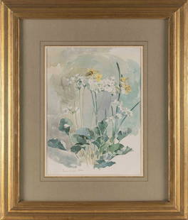 LAURA COOMBS HILLS (Massachusetts, 1859-1952), "Primroses and Jonquils"., Watercolor on paper, 16" x: LAURA COOMBS HILLSMassachusetts, 1859-1952"Primroses and Jonquils". Signed lower left "Laura Coombs Hills".Watercolor on paper, 16" x 11.25". Framed.