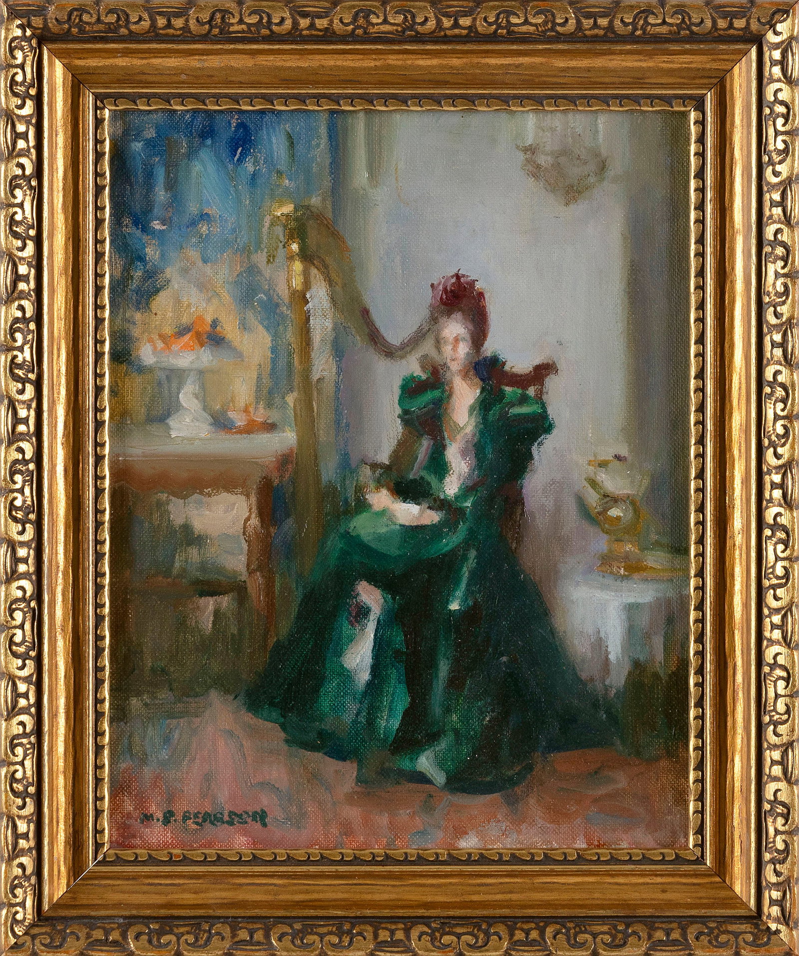 MARGUERITE STUBER PEARSON (Massachusetts, 1898-1978), Interior scene with woman seated at a harp., (1 of 2)