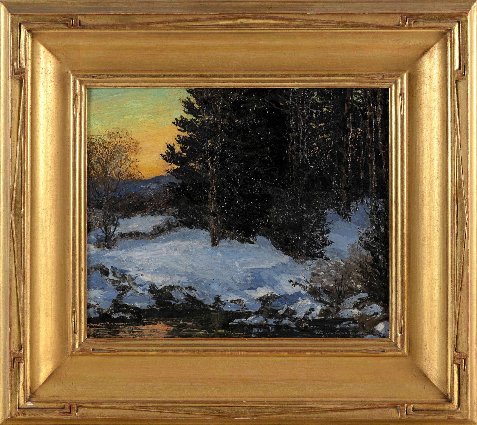 MARION GRAY TRAVER (New York, 1892-1964), Sunset over a winter landscape., Oil on masonite, 10" x (1 of 2)