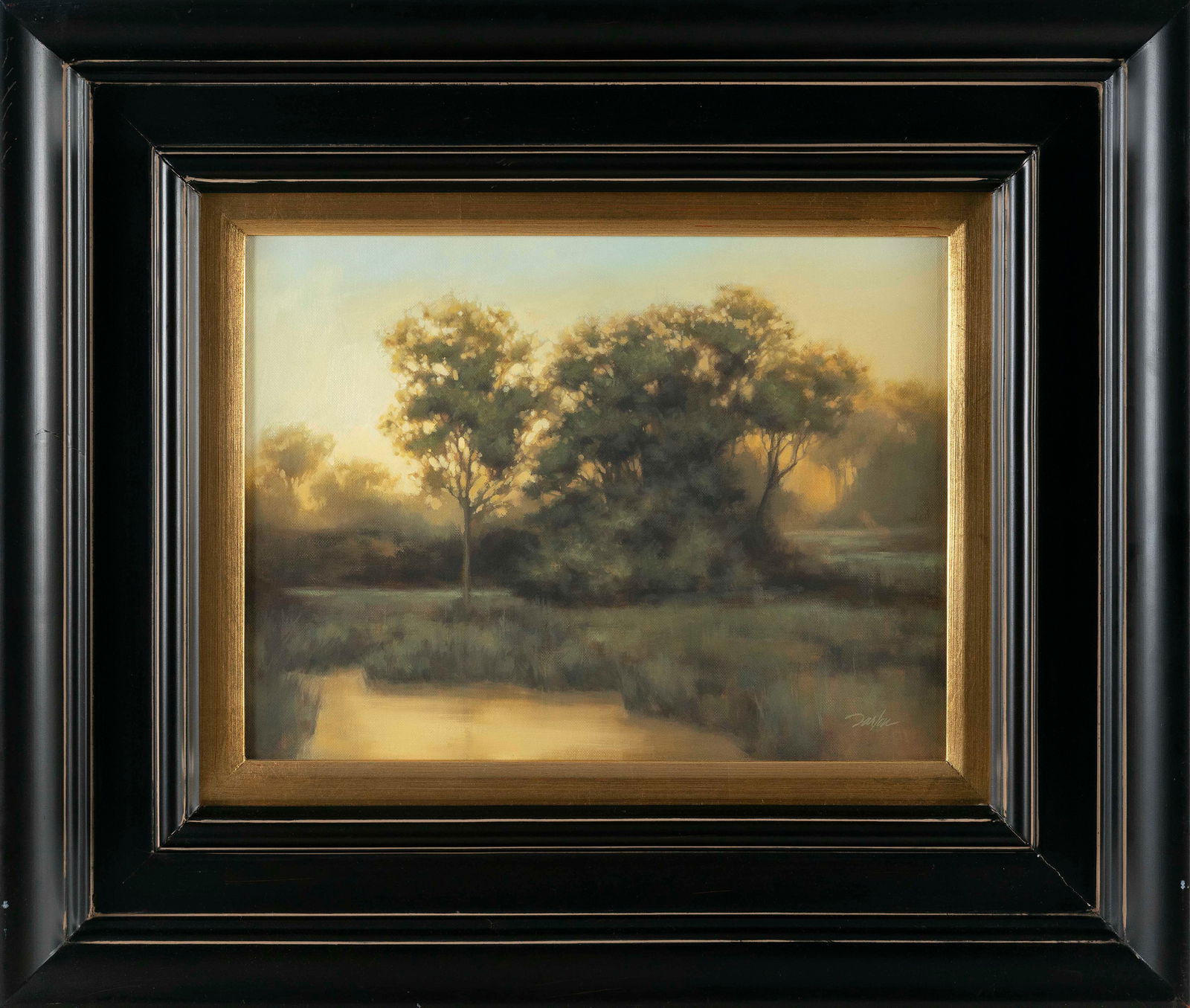 DARLOU GAMS (America, Contemporary), "Twilight Gold"., Oil on linen panel, 12" x 16". Framed 23" x: DARLOU GAMSAmerica, Contemporary"Twilight Gold". Signed lower right "Darlou". Titled and dated 2010 on label verso.Oil on linen panel, 12" x 16". Framed 23" x 26".