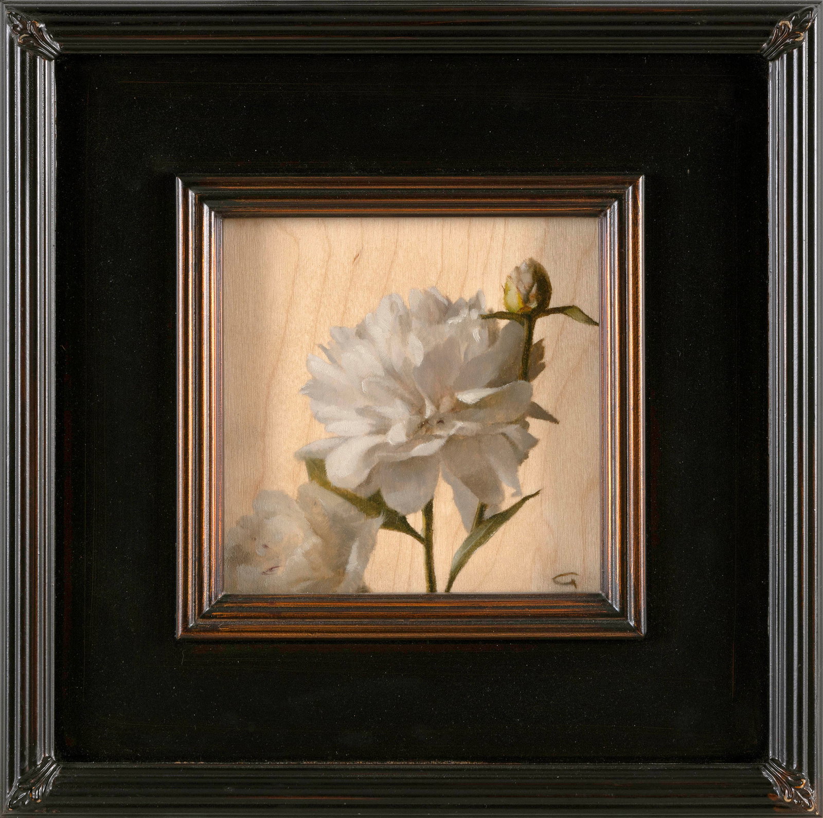 LISA GLORIA (Connecticut, Contemporary), "Peony"., Oil on birch panel, 6" x 6". Framed 12" x 12". (1 of 2)