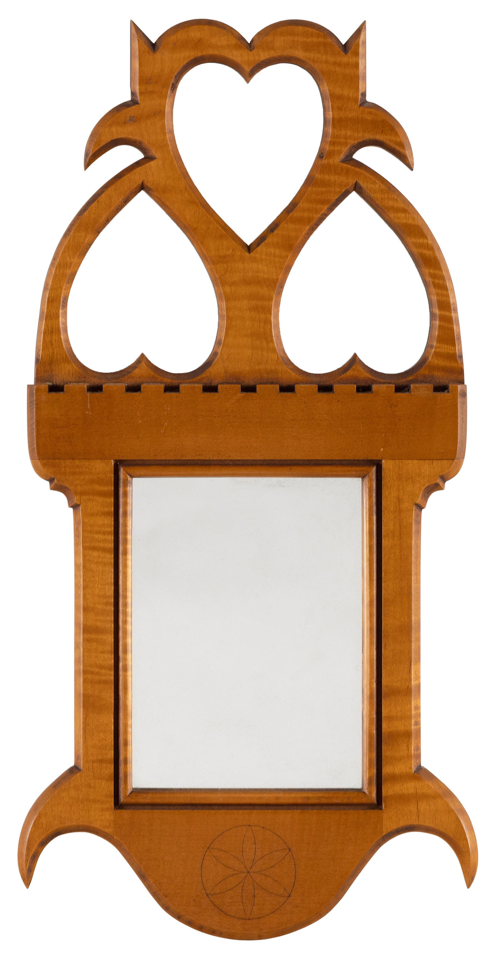 ELDRED WHEELER MIRROR Massachusetts, 20th Century Height 15.5". Width 8".: ELDRED WHEELER MIRRORMassachusetts, 20th CenturyTiger maple frame with carved heart design in crest. Original Eldred Wheeler label on back.Height 15.5". Width 8".