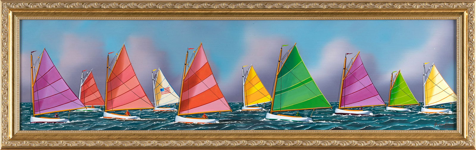 JEROME HOWES (New York/Massachusetts, 1955-), The Rainbow Fleet., Oil on masonite, 7.75" x 30". (1 of 2)