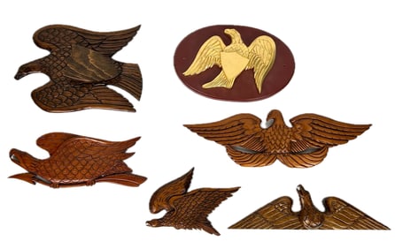 SIX CARVED WOODEN EAGLE PLAQUES BY JOE WAISGERBER Massachusetts, d. 2022 Lengths from 7" to 13".