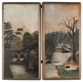 FOLK ART FIREBOARD WITH PAINTED LANDSCAPES 19th Century Each panel 36.5" x 18.5".