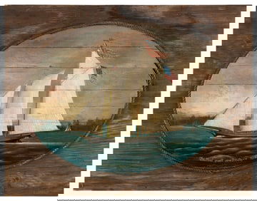 FOLK ART PAINTING "THE HUDSON RIVER SEA STAR 1854" 20th Century Oil on panel, 14" x 19". Backboard