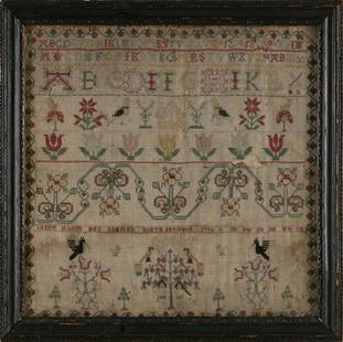 NEEDLEWORK SAMPLER, POSSIBLY PENNSYLVANIA Dated 1798 12" x 12". Framed 14" x 14".: NEEDLEWORK SAMPLER, POSSIBLY PENNSYLVANIADated 1798"Janet Haden Her Sampler North Berwick 1798". Alphabets and flowers above maker's inscription and birds, flower vases, trees and Adam and Eve below.