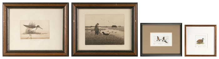 FOUR SPORTING COLOR ETCHINGS 20th Century From 3.75" x 3.75" sight to 10.75" x 13.5" sight. Framed