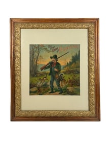 LITHOGRAPHED BOARD GAME BOX COVER "THE NEW GAME OF HUNTING" Late 19th Century Framed 31" x 27".
