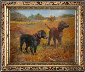 CHERYL MACDONALD (Connecticut, 20th Century), Two Labrador retrievers in a field., Oil on panel, 8"