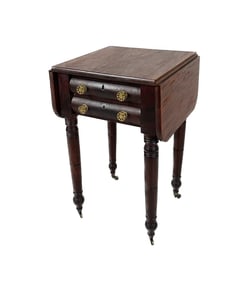 TWO-DRAWER DROP-LEAF WORK STAND Mid-19th Century Height 28.5". Width 18". Depth 17".