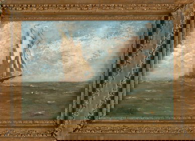 A. ELWELL (America, Early 20th Century), Sailboat at sea., Oil on canvas, 8" x 12". Framed 11" x