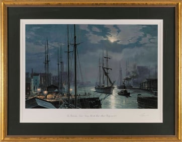 JOHN STOBART (Massachusetts/Florida/England, 1929-2023), "Chicago The Barkentine 'Naiad' Towing Past