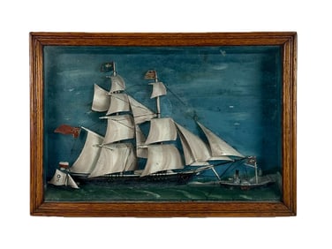 SHADOW BOX DIORAMA OF AN ENGLISH TWO-MASTED SHIP Late 19th Century Height 12.5". Width 17.5". Depth