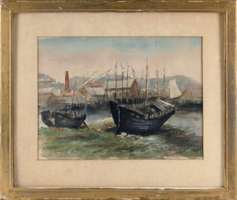 WATERCOLOR OF SHIPS AT LOW TIDE 19th Century On paper, 14" x 19" sight. Framed 22" x 26.5".