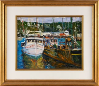 PAUL BERGER (Switzerland, 1879-1956), Docked fishing boats., Oil on masonite, 16" x 20". Framed 26"