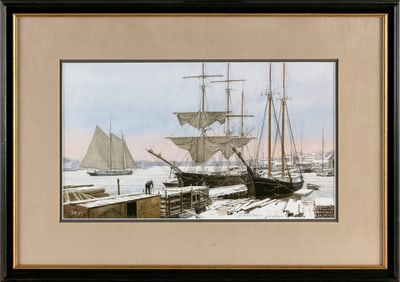 VICTOR MAYS (Connecticut/Maine, 1927-2015), Ships at dock., Lithograph on paper, 11" x 19" sight.