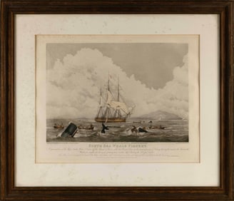 SOUTH SEAS WHALE FISHERY PRINT 19th Century Aquatint and hand-colored engraving on paper, 17" x 23"
