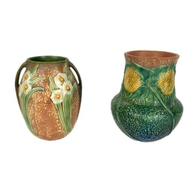 TWO ROSEVILLE POTTERY VASES First Half of the 20th Century Heights 8" and 8.5".