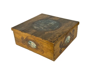 PRIMITIVE BOX WITH PAINTED DECORATION 19th Century Height 7.5". Width 18". Depth 18".