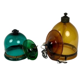 TWO COLORED GLASS HALL LANTERNS Late 19th Century Heights 9" and 13".