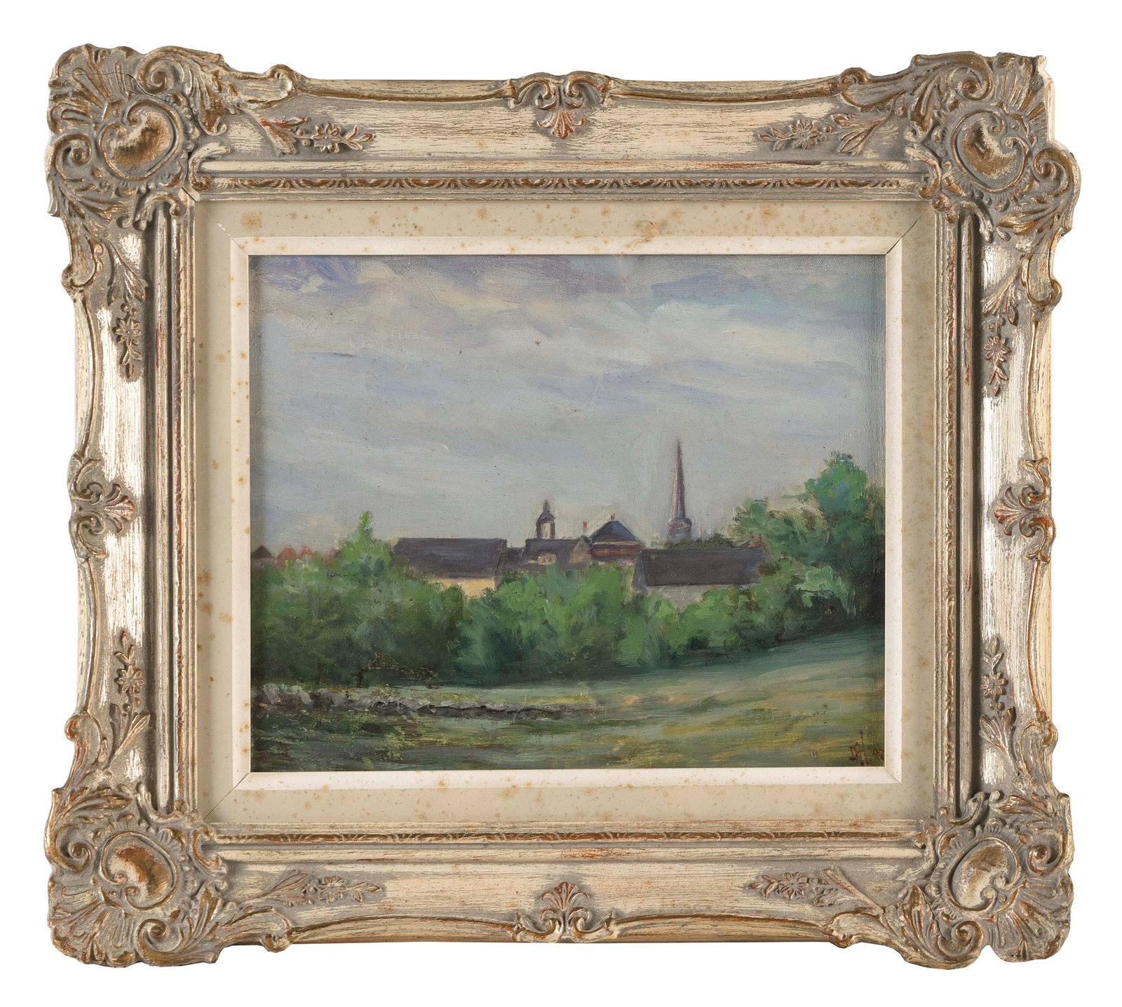 JO PRICHARD (America, 20th Century), "So. Ponteland" landscape., Oil on artist panel, 8" x 10".: JO PRICHARD America, 20th Century "So. Ponteland" landscape. Monogrammed lower right. Dated "Aug. 18, 1907" and titled verso. Oil on artist panel, 8" x 10". Framed 12" x 14".
