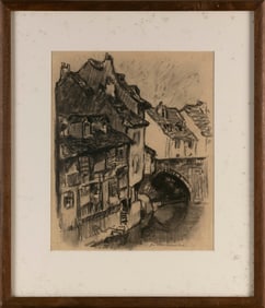 GEORGE ELMER BROWNE (Massachusetts/Connecticut, 1871-1946), European village on a canal., Charcoal