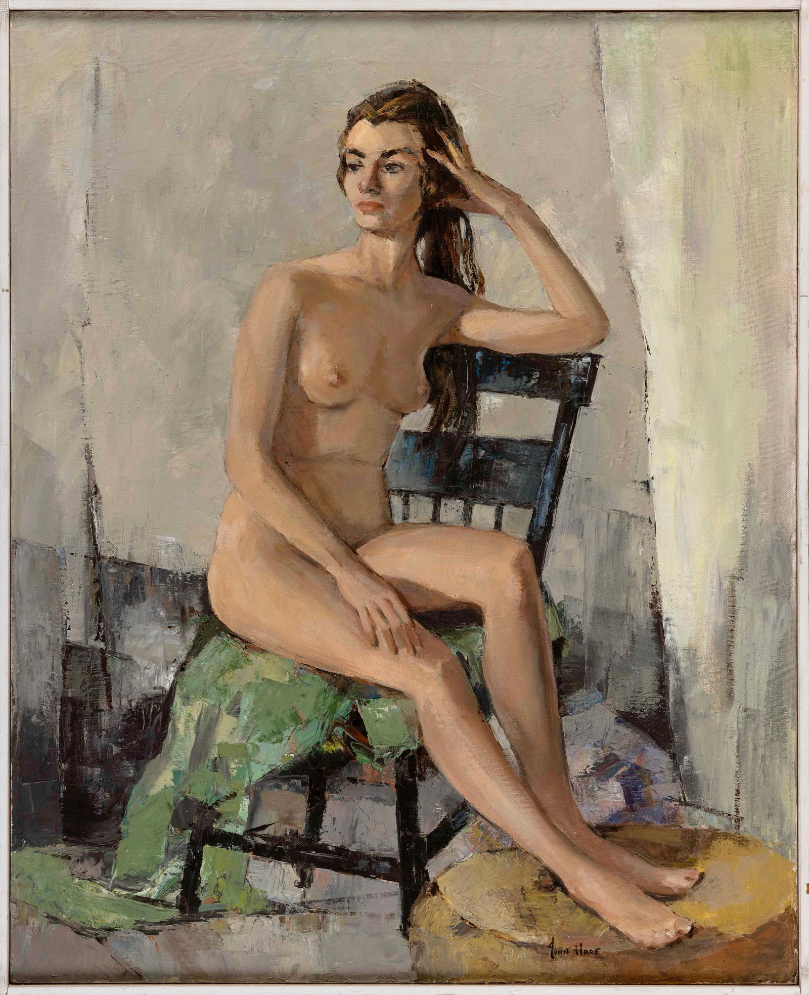 JOHN CUTHBERT HARE (Massachusetts/Florida, 1908-1978), Seated nude., Oil on canvas, 30" x 24".: JOHN CUTHBERT HAREMassachusetts/Florida, 1908-1978Seated nude. Signed lower right "John Hare".Oil on canvas, 30" x 24". Framed 31" x 25".