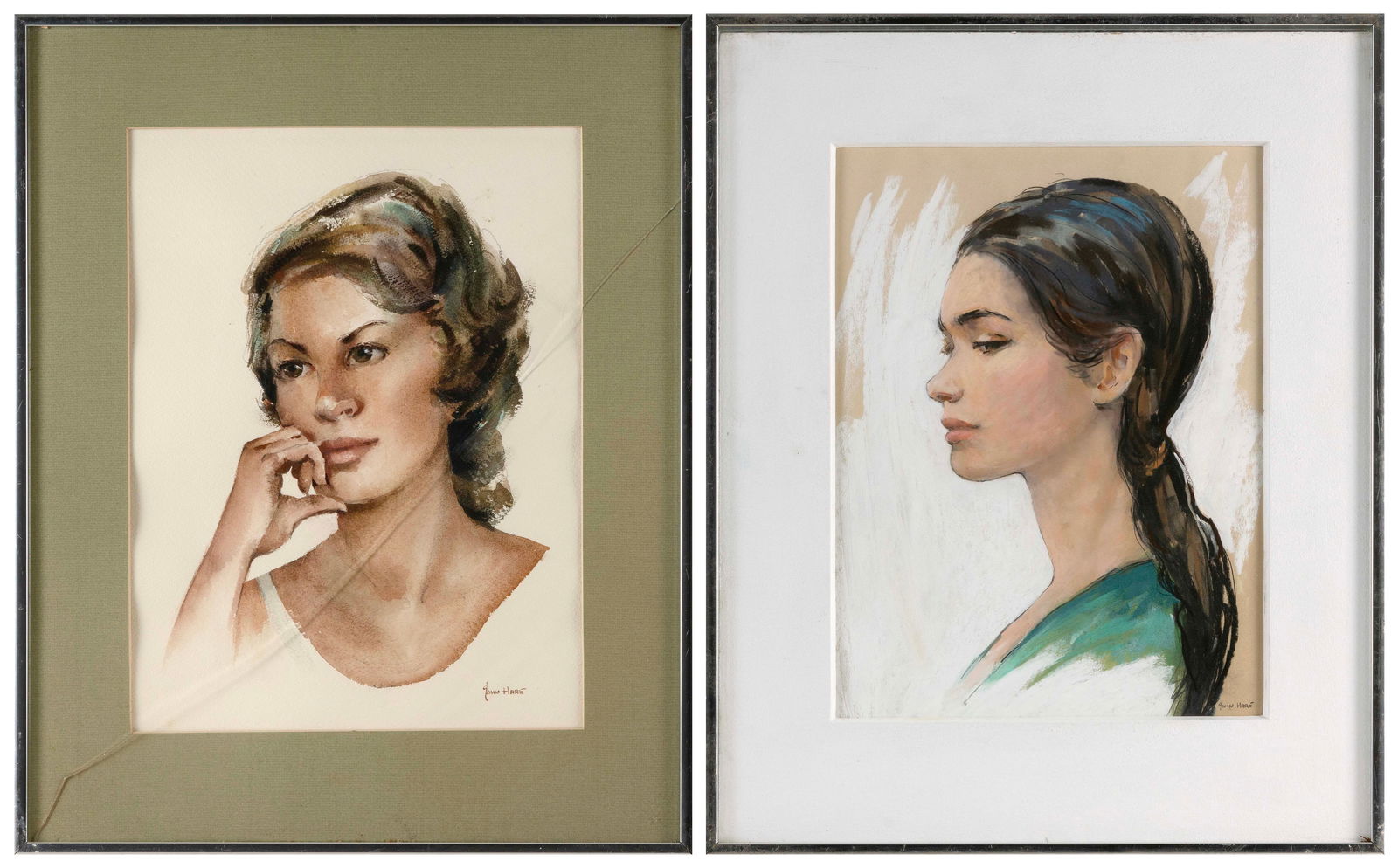JOHN CUTHBERT HARE (Massachusetts/Florida, 1908-1978), Two bust portraits of women., Pastel and: JOHN CUTHBERT HAREMassachusetts/Florida, 1908-1978Two bust portraits of women. Both signed lower right "John Hare".Pastel and watercolors on paper, 14.5" x 11" sight. Framed 20" x 16".