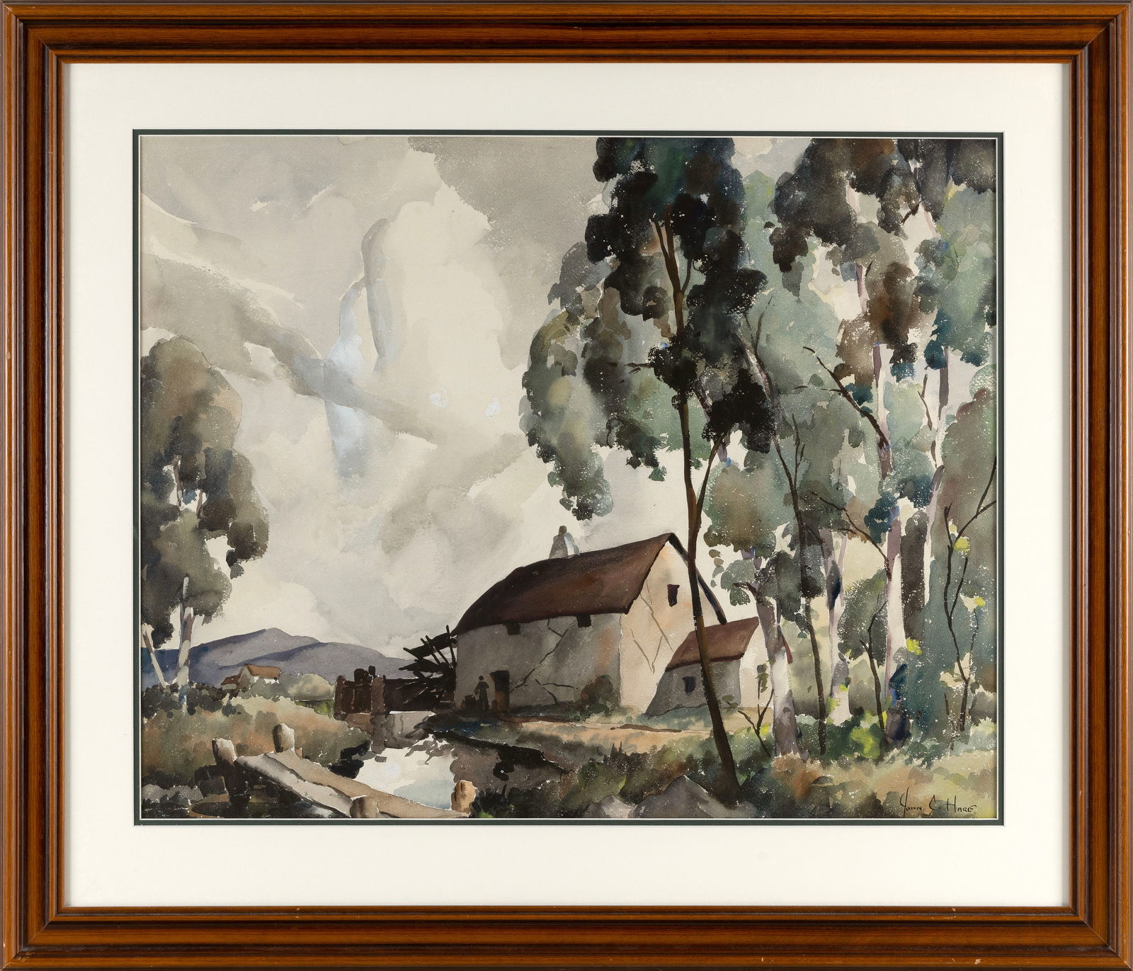 JOHN CUTHBERT HARE (Massachusetts/Florida, 1908-1978), Farmhouse., Watercolor on paper, 22" x 27".: JOHN CUTHBERT HAREMassachusetts/Florida, 1908-1978Farmhouse. Signed lower right "John C. Hare".Watercolor on paper, 22" x 27". Framed 31" x 35.5".