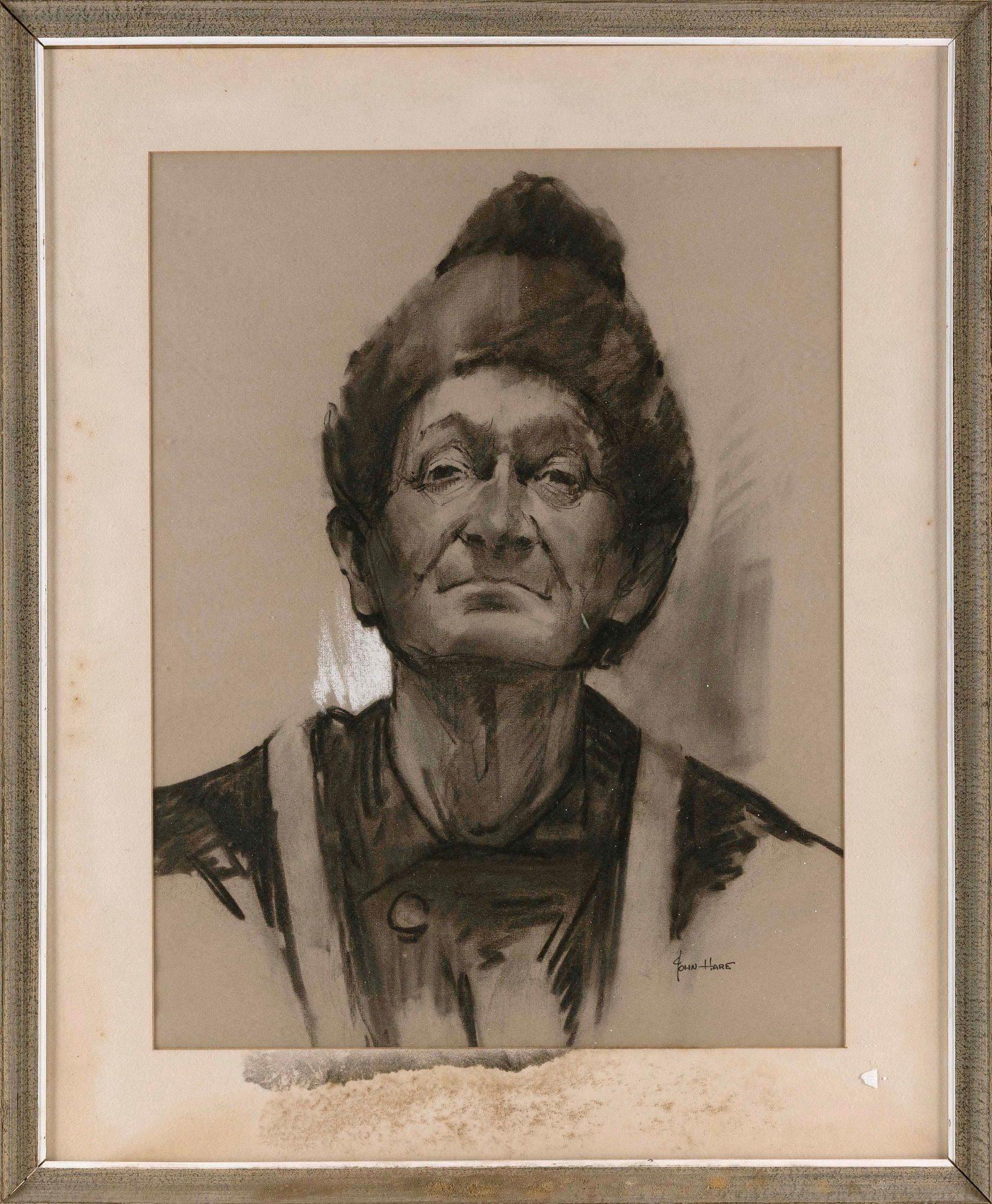JOHN CUTHBERT HARE (Massachusetts/Florida, 1908-1978), Portrait of a fisherman., Charcoal on paper,: JOHN CUTHBERT HAREMassachusetts/Florida, 1908-1978Portrait of a fisherman. Signed lower right "John Hare".Charcoal on paper, 20" x 15" sight. Framed 27" x 22".