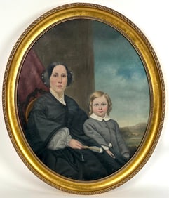 AMERICAN SCHOOL (Mid-19th Century,), Portrait of a mother and son., Oil on canvas, oval 24" x 20".