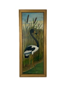 PAINTING OF A HERON 19th Century Oil on canvas, 32" x 11". Framed 35" x 14".