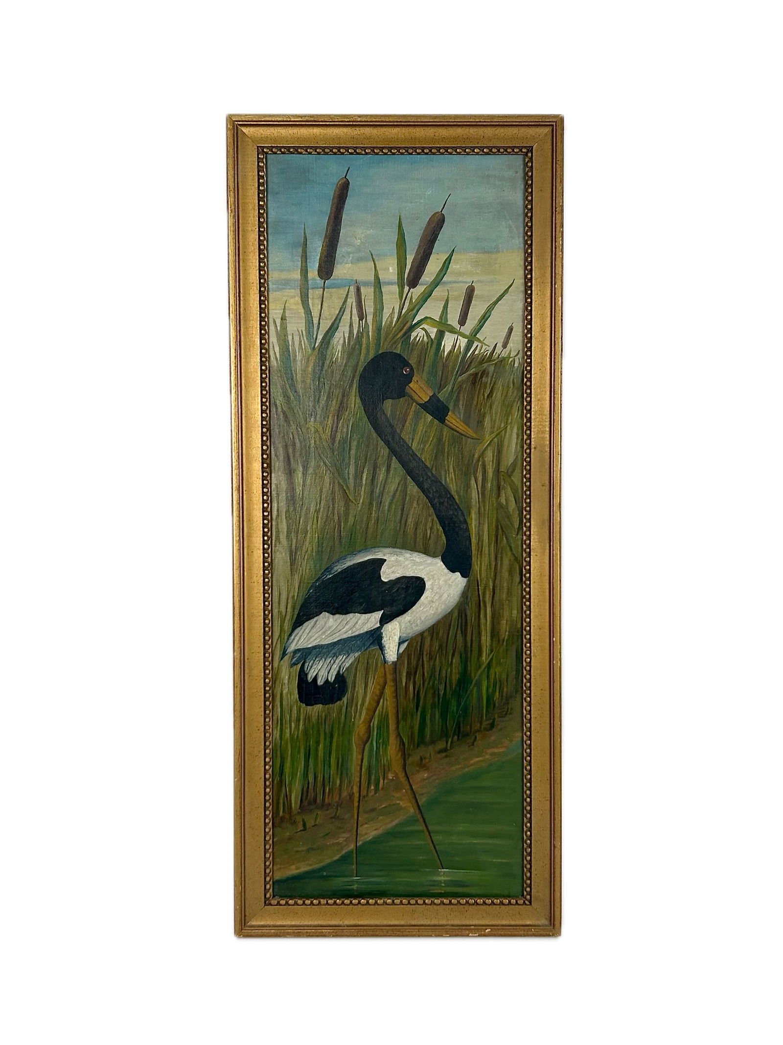 PAINTING OF A HERON 19th Century Oil on canvas, 32" x 11". Framed 35" x 14". (1 of 2)