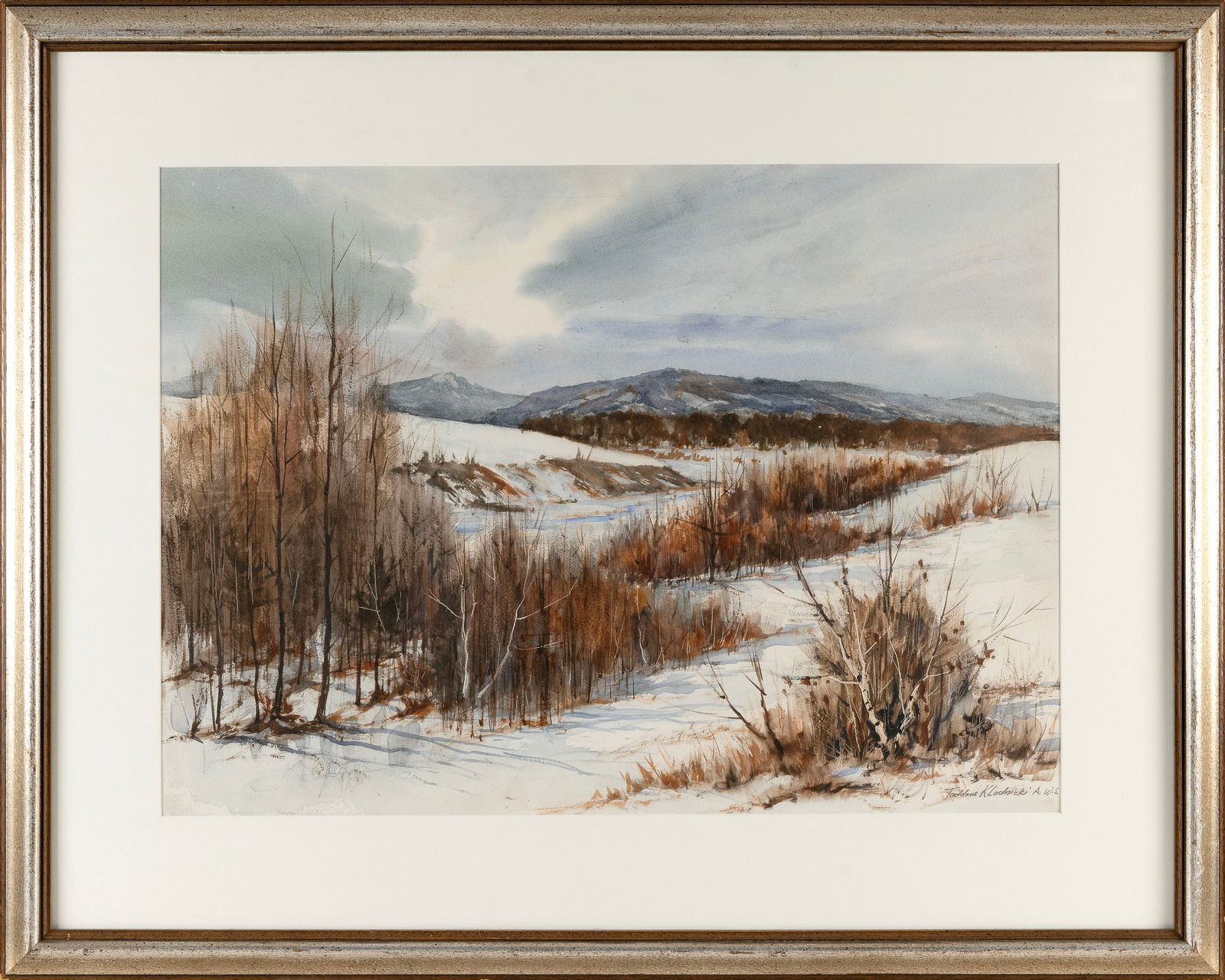 TADDEUS KLODNICKI (Massachusetts/Poland, 1904-1982), New England winter mountain scene., Watercolor (1 of 2)