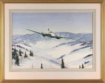WAYNE LAMBERT DAVIS (Connecticut/Illinois, 1904-1988), Winter scene with plane., Watercolor on