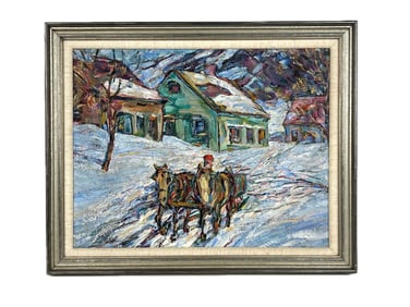 AMERICAN SCHOOL (20th Century,), Impressionist-style winter scene., Oil on masonite, 14" x 18".