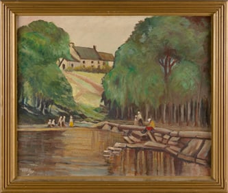 EMMETT KIRBY (California, 1899-1965), Figures overlooking a pond and a house on a hill., Oil on