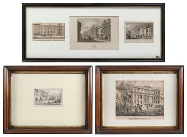 FIVE ARCHITECTURAL PRINTS OF HISTORIC NEW YORK AND LONDON BUILDINGS 19th Century