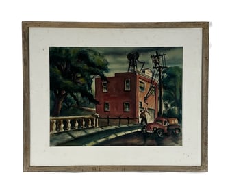 ROBERT STEINBACH (Michigan, d. 1977), "Trouble in Lindin"., Watercolor on paper, 17.5" x 23" sight.