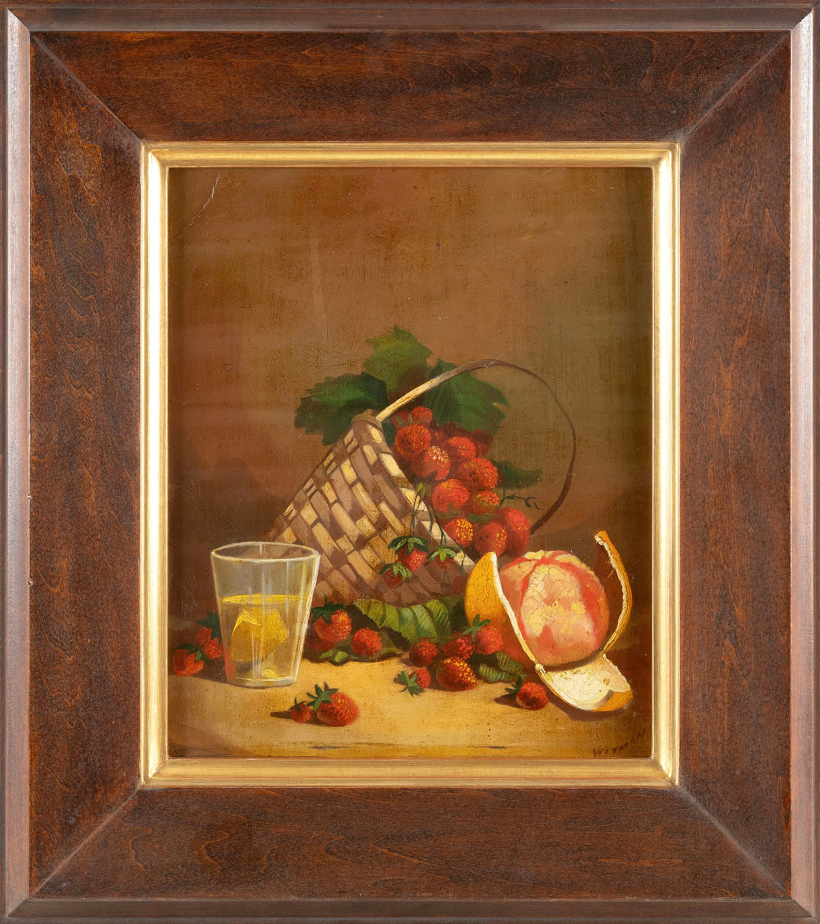 AMERICAN SCHOOL (19th Century,), Still life of fruit, a basket and a tumbler., Oil on board, 12" x (1 of 2)