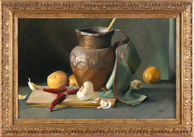 AMERICAN SCHOOL (Late 20th Century,), Still life of vegetables and a copper pot., Oil on canvas, 14"