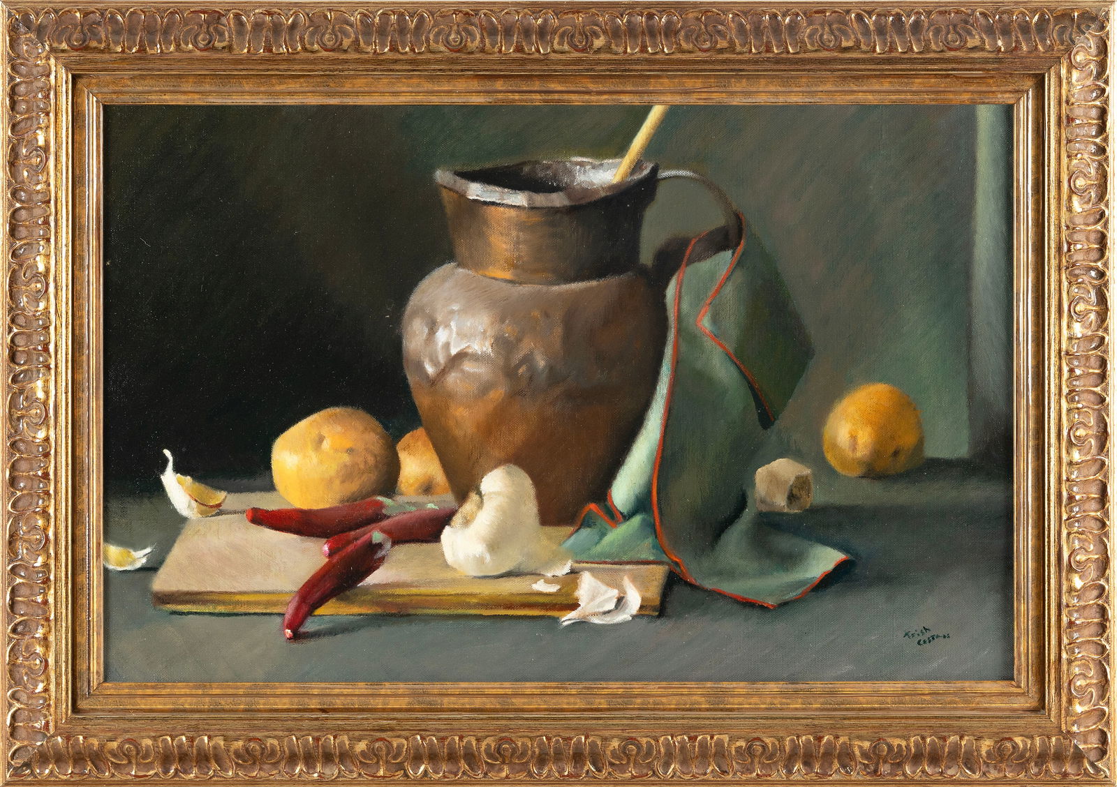 AMERICAN SCHOOL (Late 20th Century,), Still life of vegetables and a copper pot., Oil on canvas, 14" (1 of 2)