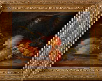 FALL RIVER SCHOOL (Late 19th Century,), Still life of peaches and grapes., Oil on canvas laid down