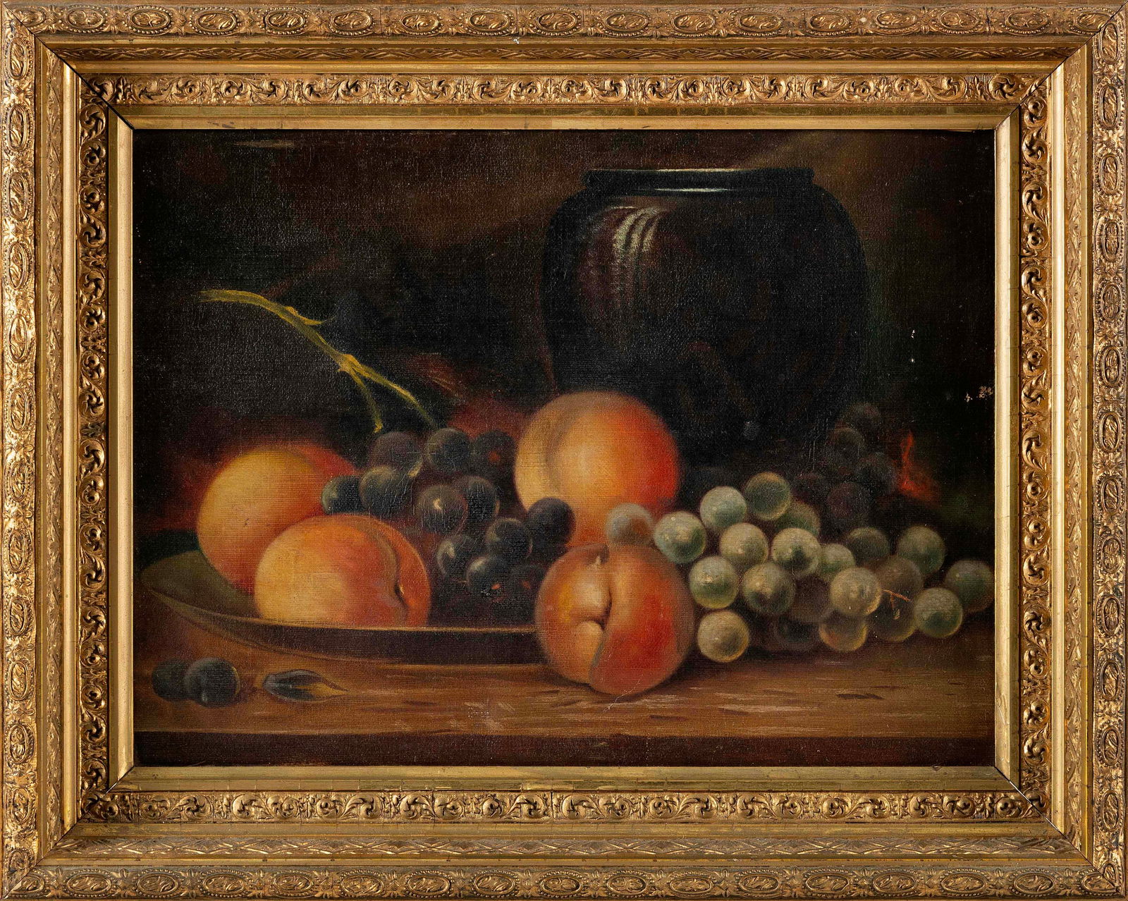 FALL RIVER SCHOOL (Late 19th Century,), Still life of peaches and grapes., Oil on canvas laid down: FALL RIVER SCHOOLLate 19th CenturyStill life of peaches and grapes. Unsigned.Oil on canvas laid down on masonite, 11.5" x 15.5". Framed 15.25" x 19.25".