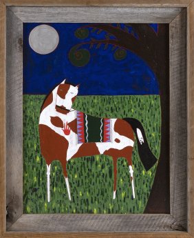 MICHAEL HORSE (America, 1951-), Folk art view of a horse., Oil on board, 23.75" x 18". Framed 29" x