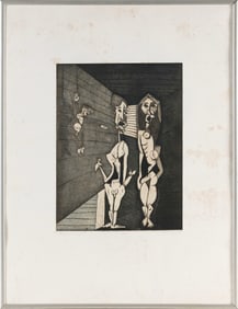 ROBIN LOWE (New York, 1959-), "Monkey on my Back"., Black and white engraving, 13" x 9.5" sight.