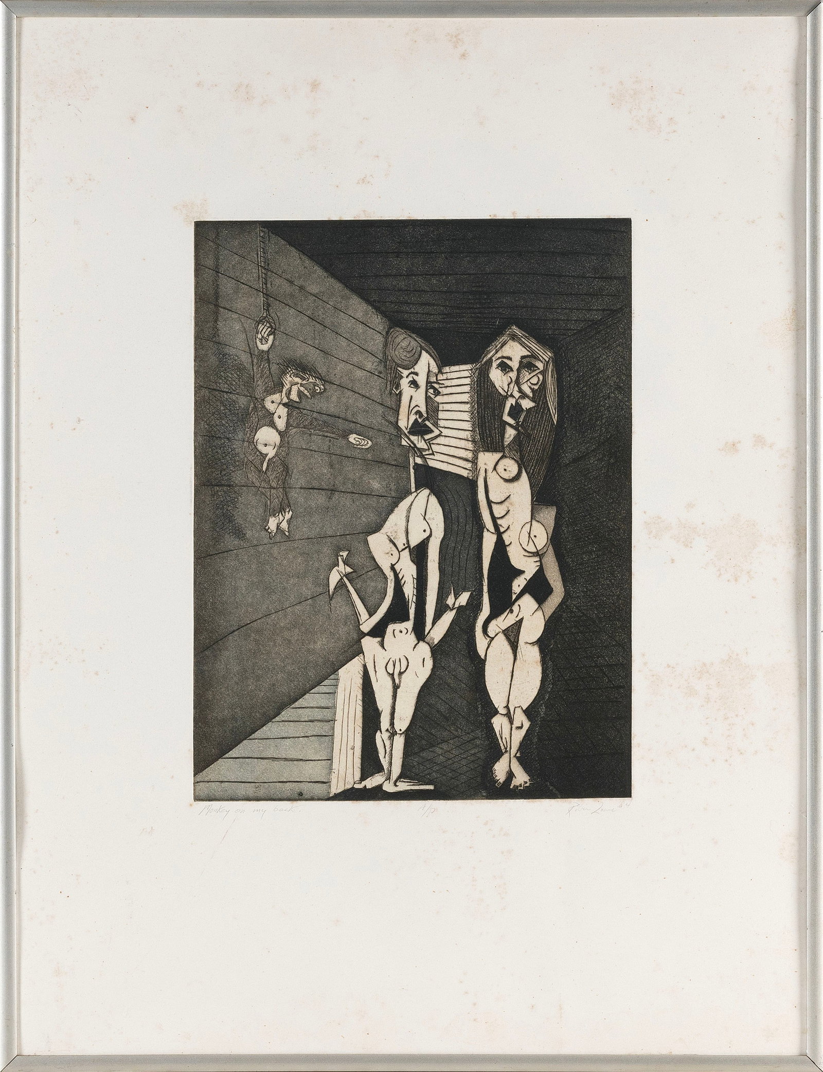 ROBIN LOWE (New York, 1959-), "Monkey on my Back"., Black and white engraving, 13" x 9.5" sight.: ROBIN LOWE New York, 1959- "Monkey on my Back". An artist's proof. Signed and dated lower right "Robin Lowe '84". Titled lower left. Black and white engraving, 13" x 9.5" sight. Framed 25" x 18.5".