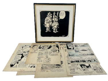 GROUP OF HAND-DRAWN NEWSPAPER AND MAGAZINE COMIC ILLUSTRATIONS Mid-20th Century Frame 21.5" x 22.5".