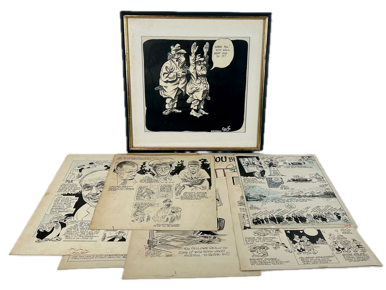 GROUP OF HAND-DRAWN NEWSPAPER AND MAGAZINE COMIC ILLUSTRATIONS Mid-20th Century Frame 21.5" x 22.5". (1 of 7)